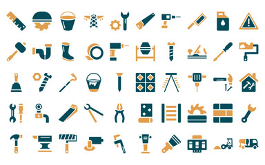 Fototapeta premium 50 linear construction tools icon pack. vector thin line tiles, circular saw, bucket, electric tower, repair wrench, saw, hand drill icons suitable for apps and websites ui designs.