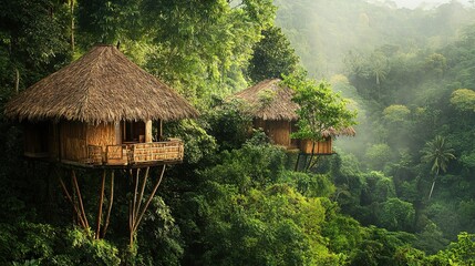 Eco-friendly treehouse retreats tropical forest travel photography lush environment aerial view sustainable tourism
