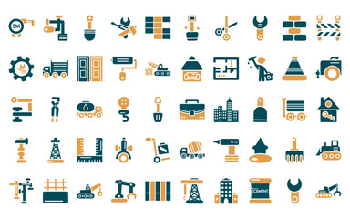 Obraz premium 50 linear construction icon pack. vector thin line cement, screwdriver, circuit breaker, blueprint, measuring wheel, brick hammer, tools icons suitable for apps and websites ui designs.