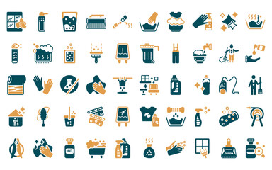50 linear cleaning icon pack. vector thin line clean room, suspension, emulsion, scrub brush, states of matter, delicate, washing clothes icons suitable for apps and websites ui designs.