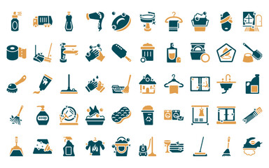 50 linear cleaning icon pack. vector thin line house, garbage truck cleanin, cream cleanin, hairdryer cleanin, soap, sink wiping towel on a hanger icons suitable for apps and websites ui designs.
