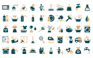 50 linear cleaning icon pack. vector thin line chemical reaction, shower head, wet floor, sponge, charwoman, mop, car wash icons suitable for apps and websites ui designs.