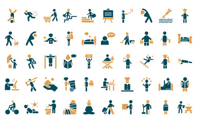 50 linear behavior icon pack. vector thin line man ironing, man running, man shopping, climbing stairs, climbing, presentation whiteboard, taking a selfie icons suitable for apps and websites ui