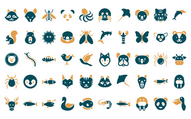 50 linear animals icon pack. vector thin line siberian husky, hyena, mosquito, panda, octopus, seal, manta ray icons suitable for apps and websites ui designs.