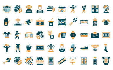 50 linear american football icon pack. vector thin line trash can, stopwatch, american football trophey, referee, american football stadium, stadium cylinder, playing throwing the ball in his hand