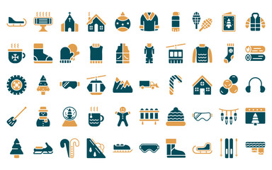 50 linear winter icon pack. vector thin line snowplow, electric heater, chapel, winter cabin, bauble, fur coat, themos flask icons suitable for apps and websites ui designs.