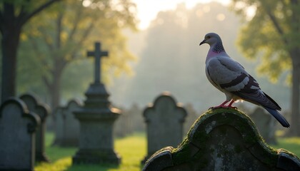 Calm pigeon perched on a gravestone in a peaceful cemetery during golden hour light, with copy space
