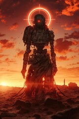 Fototapeta premium Ruined Robot Stands Silhouetted Against Sunset Sky