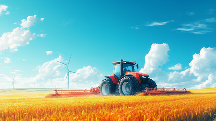 Fototapeta premium Tractor Harvesting Wheat in a Golden Field Under a Sunny Sky