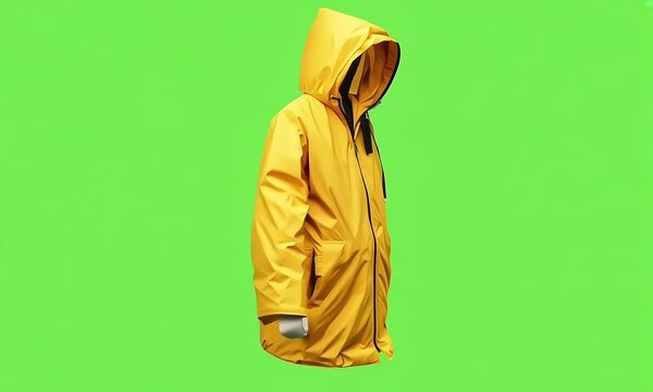 Bright yellow raincoat isolated on a green screen background, ready for chroma keying and design projects