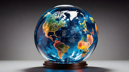 vivid luminous glass globe depicting the Americas with brilliant hues, reflecting global connectivity, innovation, and the illumination of information in a modern world with infinite possibilities.