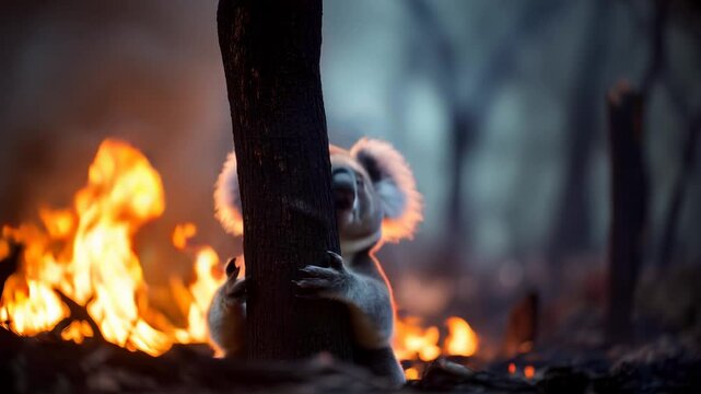 A Lone Koala Clinging to a Burned Tree, Surrounded by Flames and Smoke, Symbolizing Wildlife Struggle Amid Wildfires