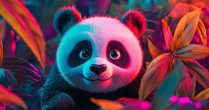 A whimsical panda gazing curiously from amidst a neon-lit jungle, where bright colors dance on the lush plants in the background