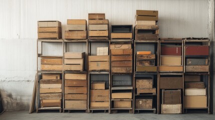 Wooden boxes stacked on shelves in a warehouse.