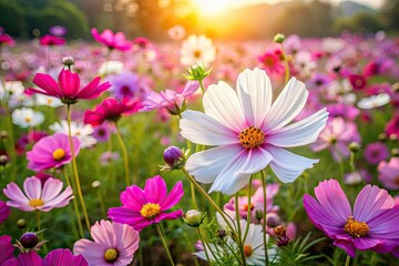 Fototapeta premium Autumn's vibrant cosmos burst in pink, purple, and white, creating a breathtaking floral landscape.