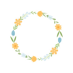 Hand drawn vector wreath with cute spring wildflowers and branchs