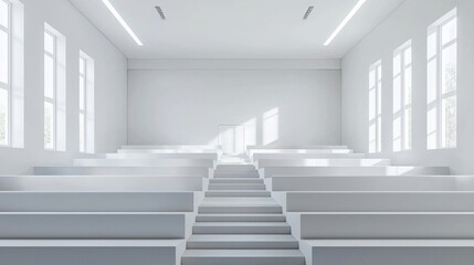 Fototapeta premium Modern minimalist white auditorium interior with tiered seating and sunlight streaming through large windows.