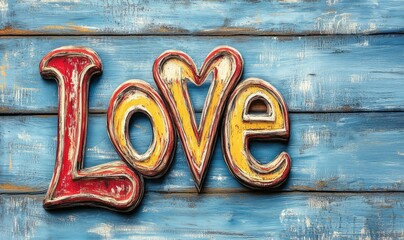 The word "Love" written in bold red and yellow on a distressed blue wooden background, conveying romance and beauty.