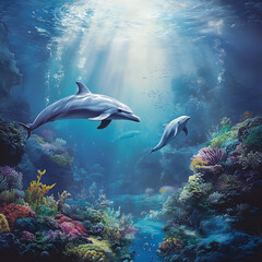 Fototapeta premium two dolphins swimming through a coral reef with a sunbeam shining down from the surface of the water.