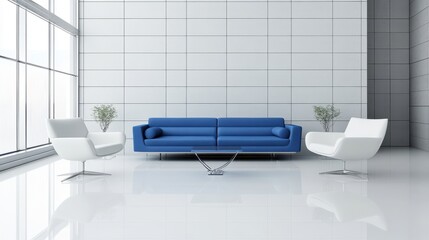 A Modern, Minimalist Waiting Area With A Blue Sofa And White Armchairs In A Bright, Spacious Room With Large Windows.