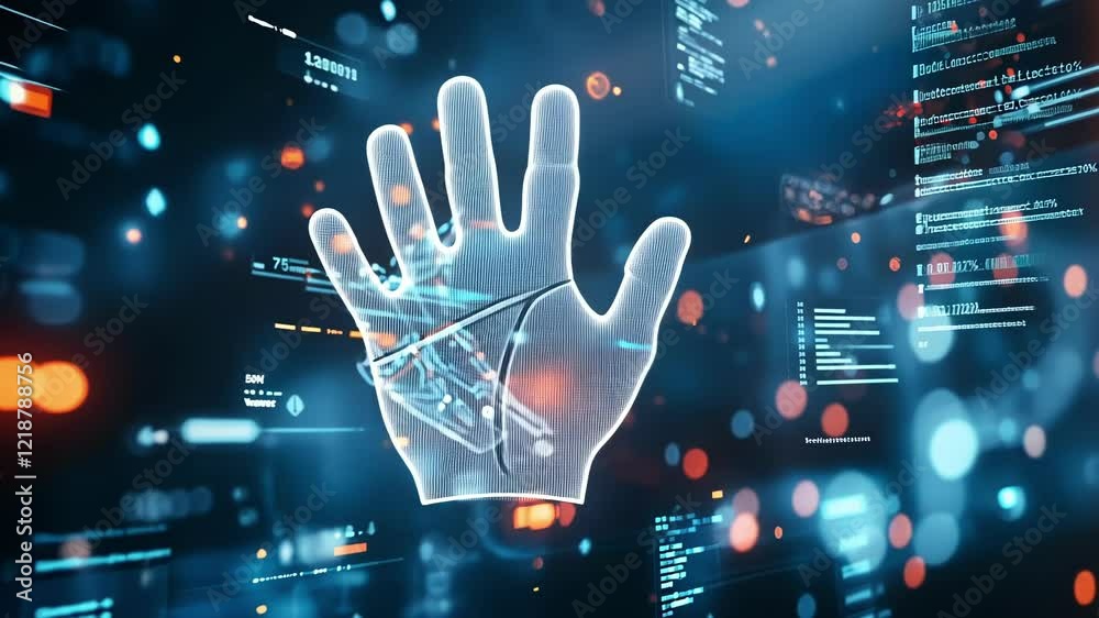 Poster glowing polygonal robotic hand pointing at holographic data stream, showcasing the integration of ar
