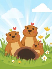 Obraz premium a flat design, features cute groundhogs coming out of a hole with heart-shaped flowers on their heads. The background is a green grassy field with a blue sky. groundhog day.