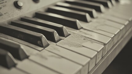 Close-up of a dusty, old piano keyboard.