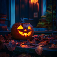 carved pumpkin lantern on porch steps at night.