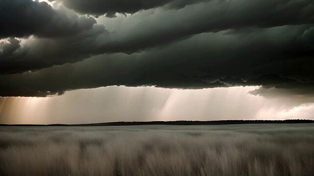 Low-angle shot of storm clouds rolling over a prairie, moody grays with streaks of light, dramatic chiaroscuro, ominous yet grand.
