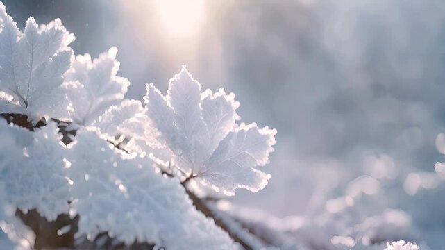 Close-up shot of frost covered leaves, intricate ice patterns sparkling, cool blues and silver, soft morning light, crisp and tranquil mood.