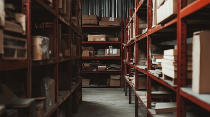 Obraz premium Industrial warehouse interior with rows of metal shelving units filled with cardboard boxes and various materials.