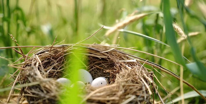 A close-up of a bird's nest containing speckled eggs, nestled among green grass in a natural outdoor setting.