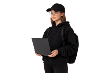 Young woman wearing a black hoodie and cap, holding a laptop with backpack, isolated on transparent background