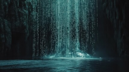 Digital waterfall of binary code cascading into water within a dark rocky cave scene