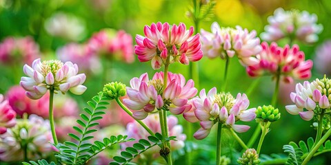Fototapeta premium Dreamlike pink and white crown vetch meadow, globose umbels, delicate fern-like foliage.