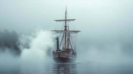 Obraz premium Old steam-powered ship sailing through foggy waters, mysterious and historical feel