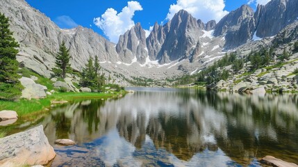 Fototapeta premium Serene mountain lake with a reflection of surrounding peaks - generated AI