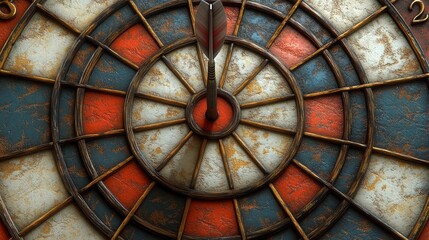 A dartboard target featuring vibrant red and white sections with a sleek arrow perfectly hitting the center isolated on a clean background. Generative AI