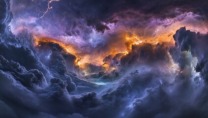 Fiery Lightning Strikes Through Epic Storm Cloudscape, Dramatic Celestial Display, Atmospheric Wonder, Vivid Colors, Intense Energy
