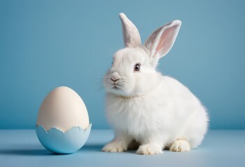 Obraz premium White bunny and cracked egg on blue background.
