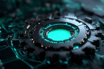 Futuristic digital interface with glowing cyan elements and intricate design