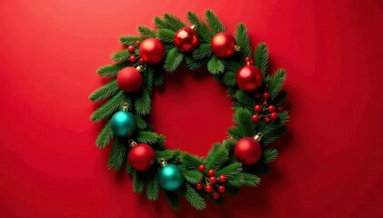 A fragrant pine branch wreath in red background adorned with colorful Christmas ornaments and berries, holiday, winter