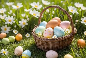 Colorful Easter eggs in a woven basket on a vibrant spring meadow.
