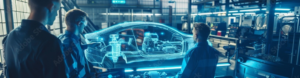 Poster In an advanced automotive design lab, engineers collaborate using hightech holographic projection to display a futuristic car model, highlighting innovative approaches to vehicle design