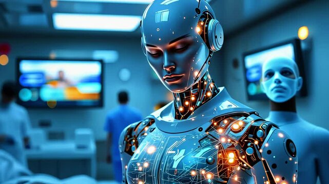 A futuristic robot in a medical setting, illuminated with lights, suggesting advanced technology.