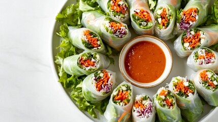 Delicious spring rolls platter with dipping sauce rustic kitchen food photography bright environment overhead view culinary delight