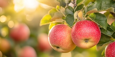 Red Apples on Branch: Two ripe, red apples hang from a branch, bathed in the warm glow of the sun. Lush green leaves surround the fruit, hinting at a bountiful orchard. 