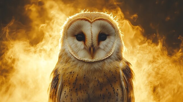 A barn owls feathers softly highlighted in golden light