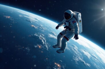 an astronaut in a white space suit against the background of planet earth, a view from space
