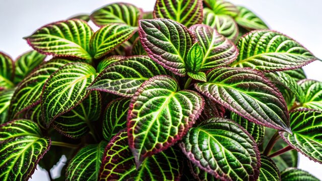 Hemigraphis: Striking tropical leaf texture, showcased in low light against a pristine white backdrop.